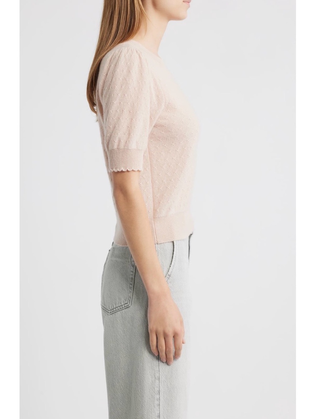 Frame Puff Sleeve Pointelle Cashmere Sweater in Pink Sand Size L - Picture 3 of 10